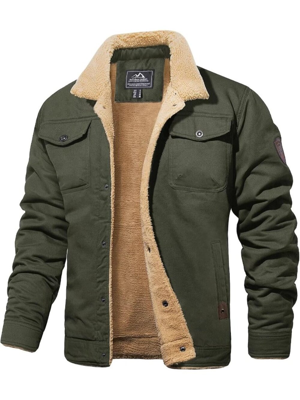 Mens Green Sherpa Fleece Jacket Winter Cotton Truck Coat Warm Casual Outerwear